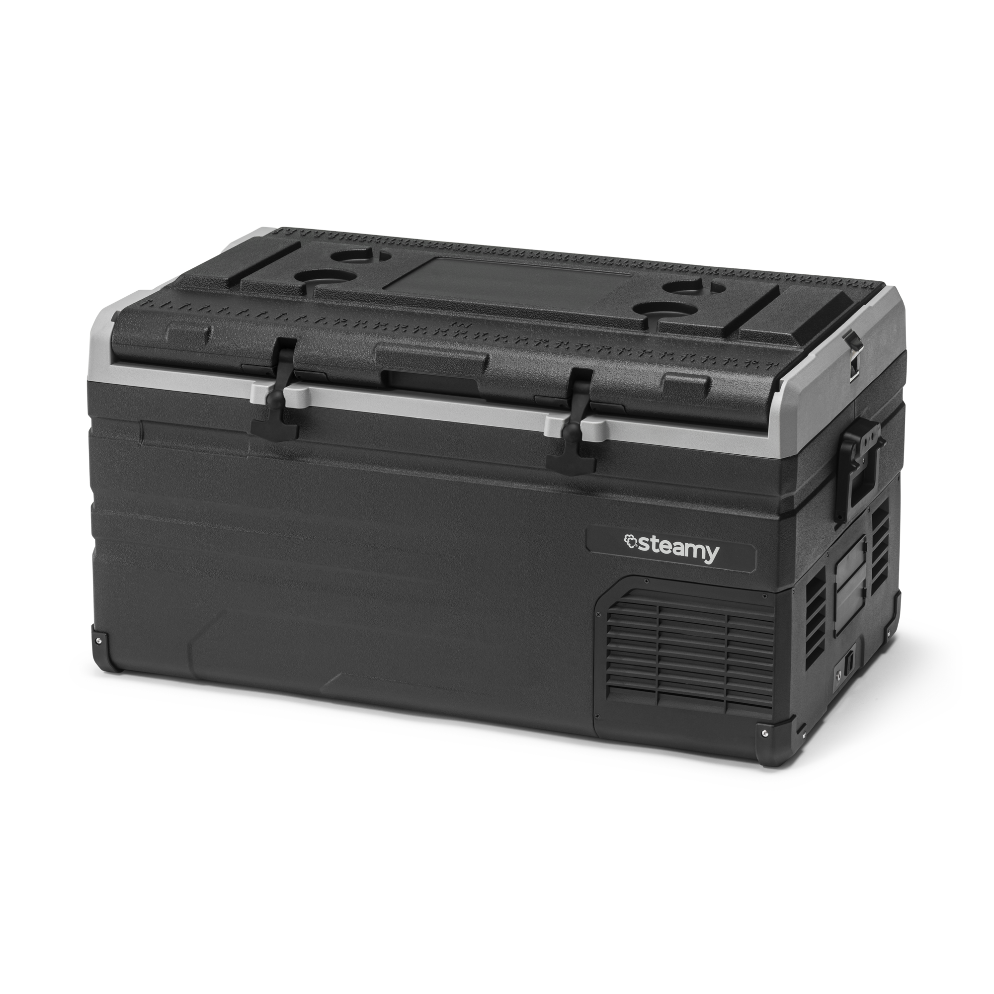 Professionele productfotografie van zwarte Steamy koelbox met robuuste behuizing, handgrepen en ingebouwd koelsysteem.