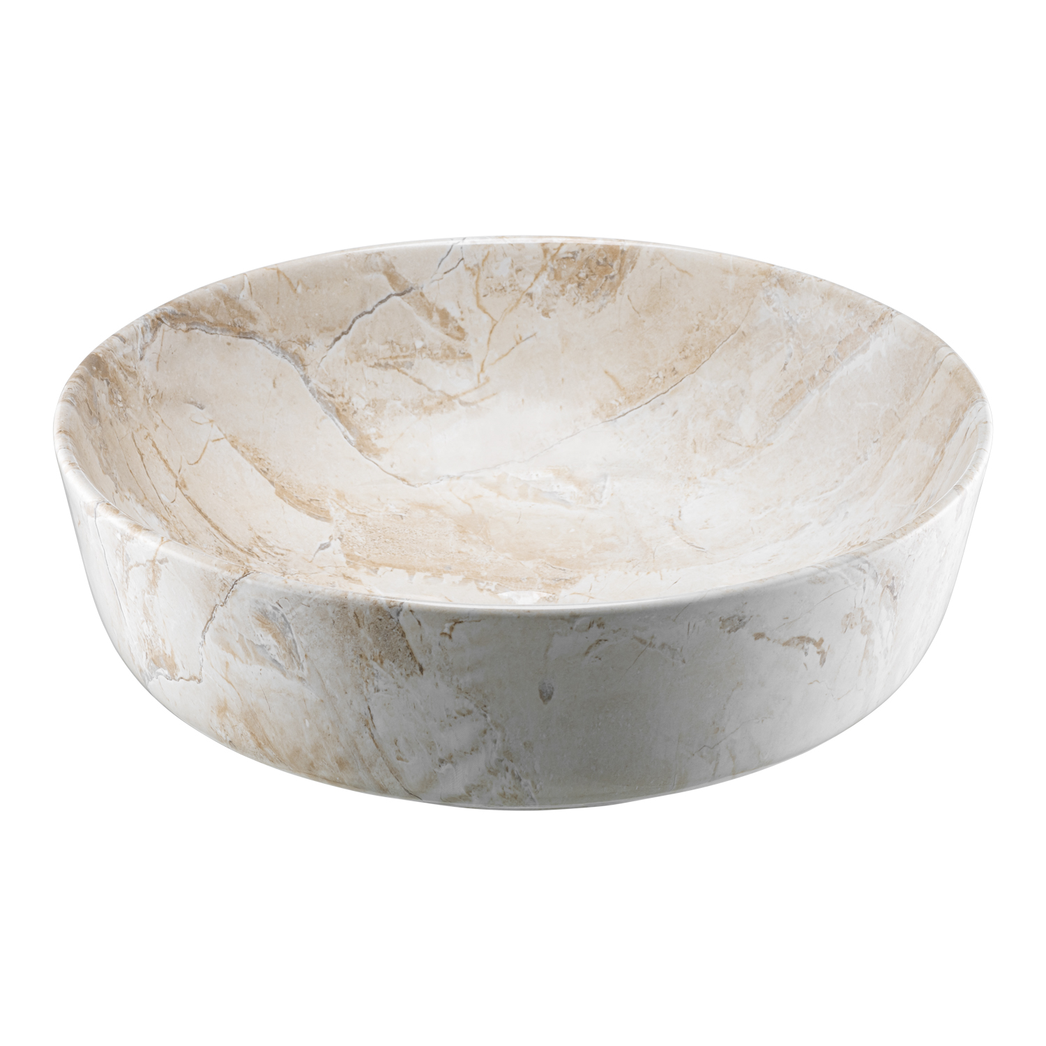 High-end productfotografie van beige marmerlook waskom met natuurlijke steentextuur op witte achtergrond.