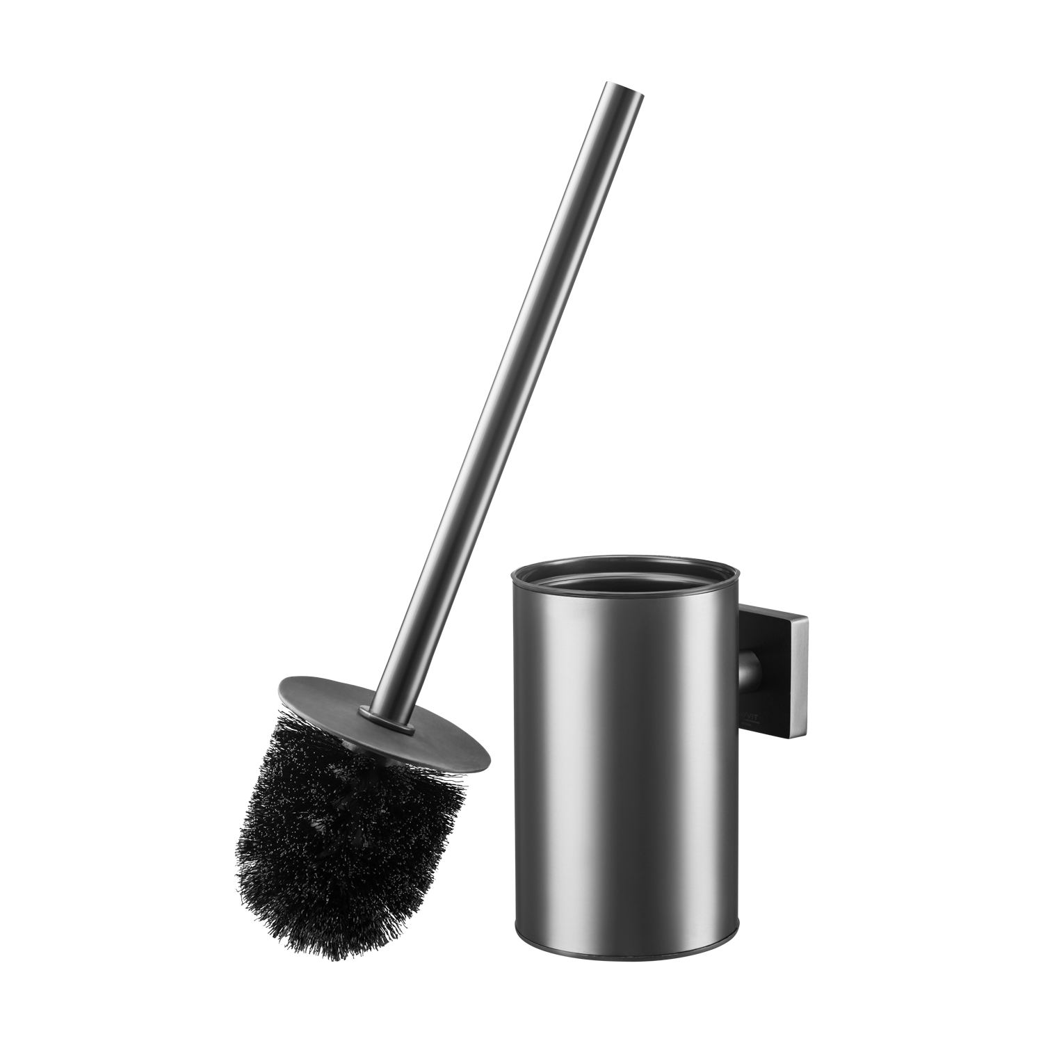 Professionele productfoto van moderne zwarte metalen toiletborstel met wandhouder voor badkamer en sanitair.