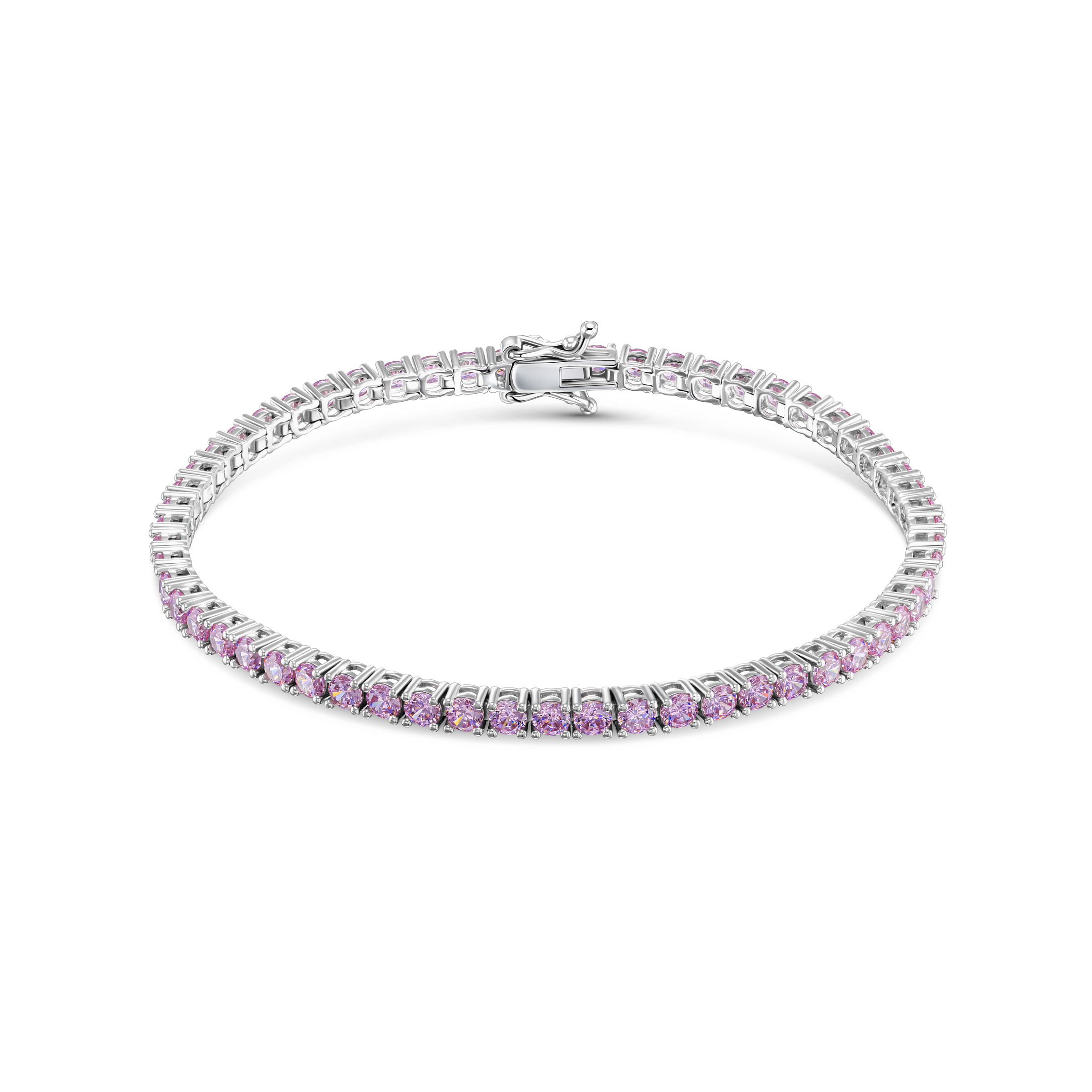 Professionele sieradenfotografie van witgouden tennisarmband met roze edelstenen op witte achtergrond.