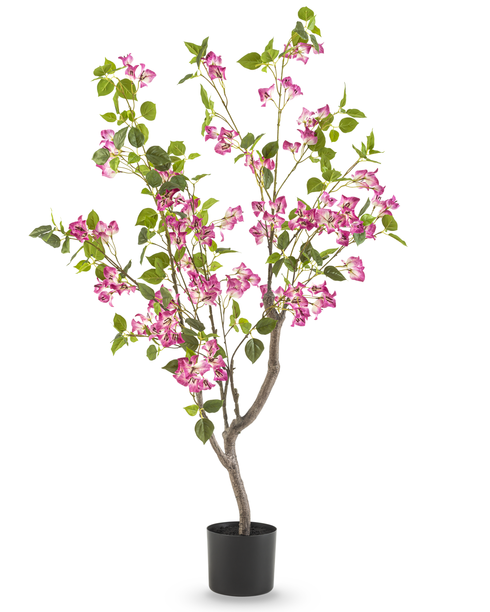 Vrijstaande productfotografie van een grote kunstboom met roze bloemen, groene bladeren en natuurlijke stam in een zwarte plantenpot.
