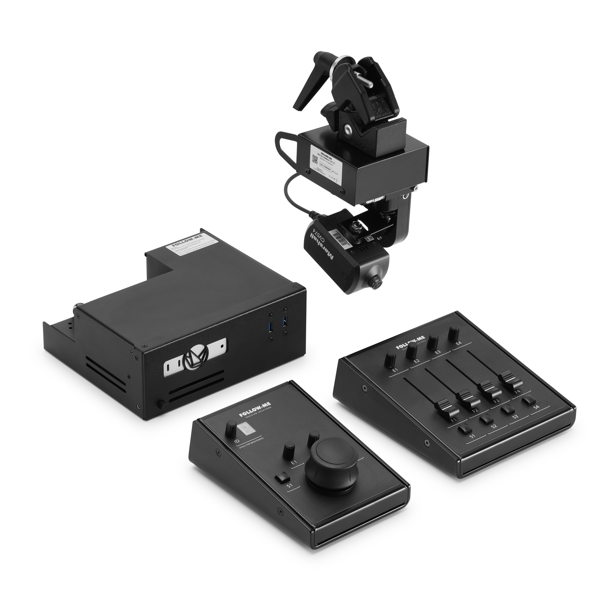 Detailfoto van camera-unit en bedieningspaneel uit het Follow-Me systeem, consistent belicht op wit.