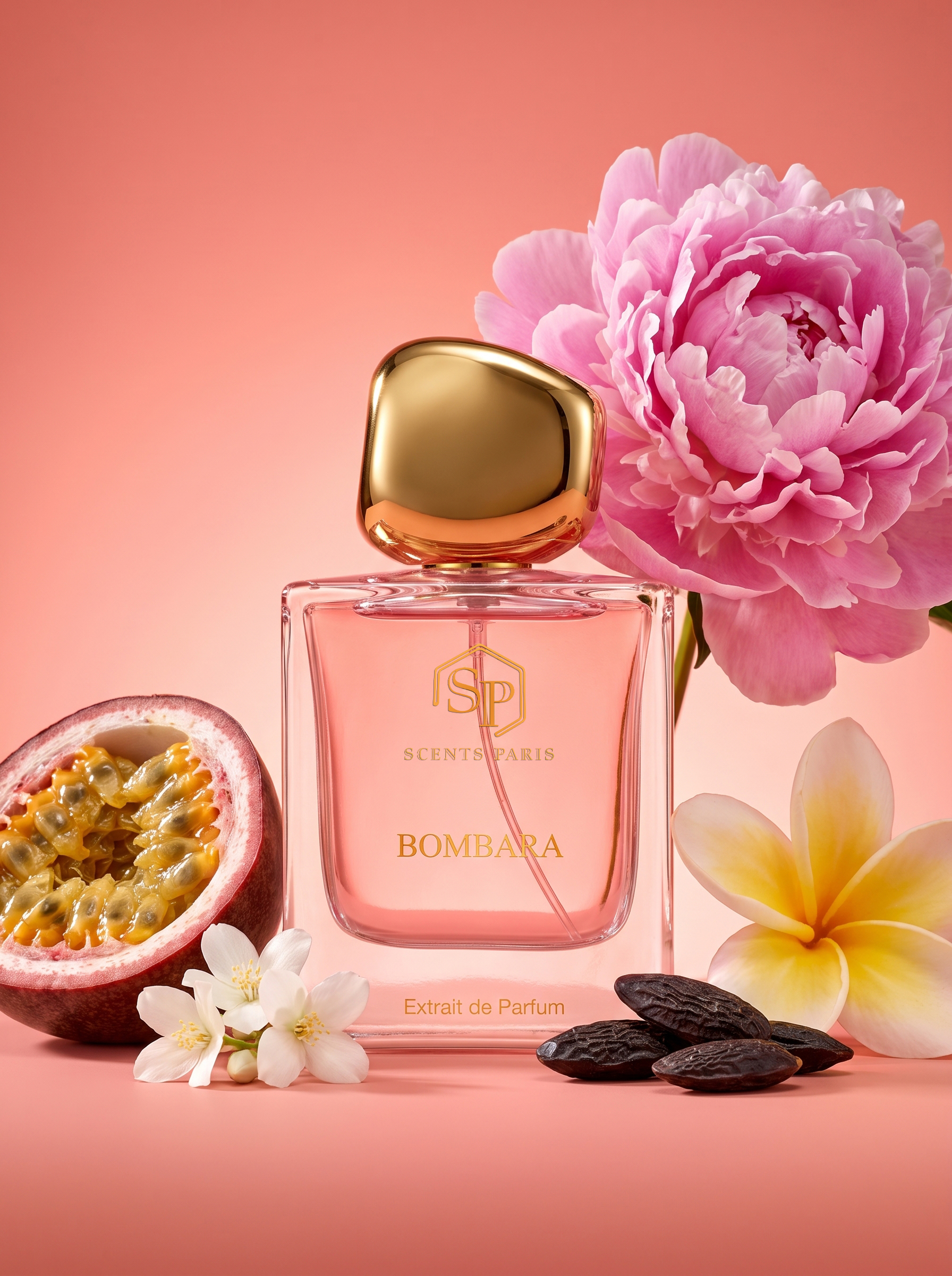 Fles Bombara Extrait de Parfum van Scents Paris in een roze setting, omringd door passievrucht, roze en witte bloemen en tonkabonen.