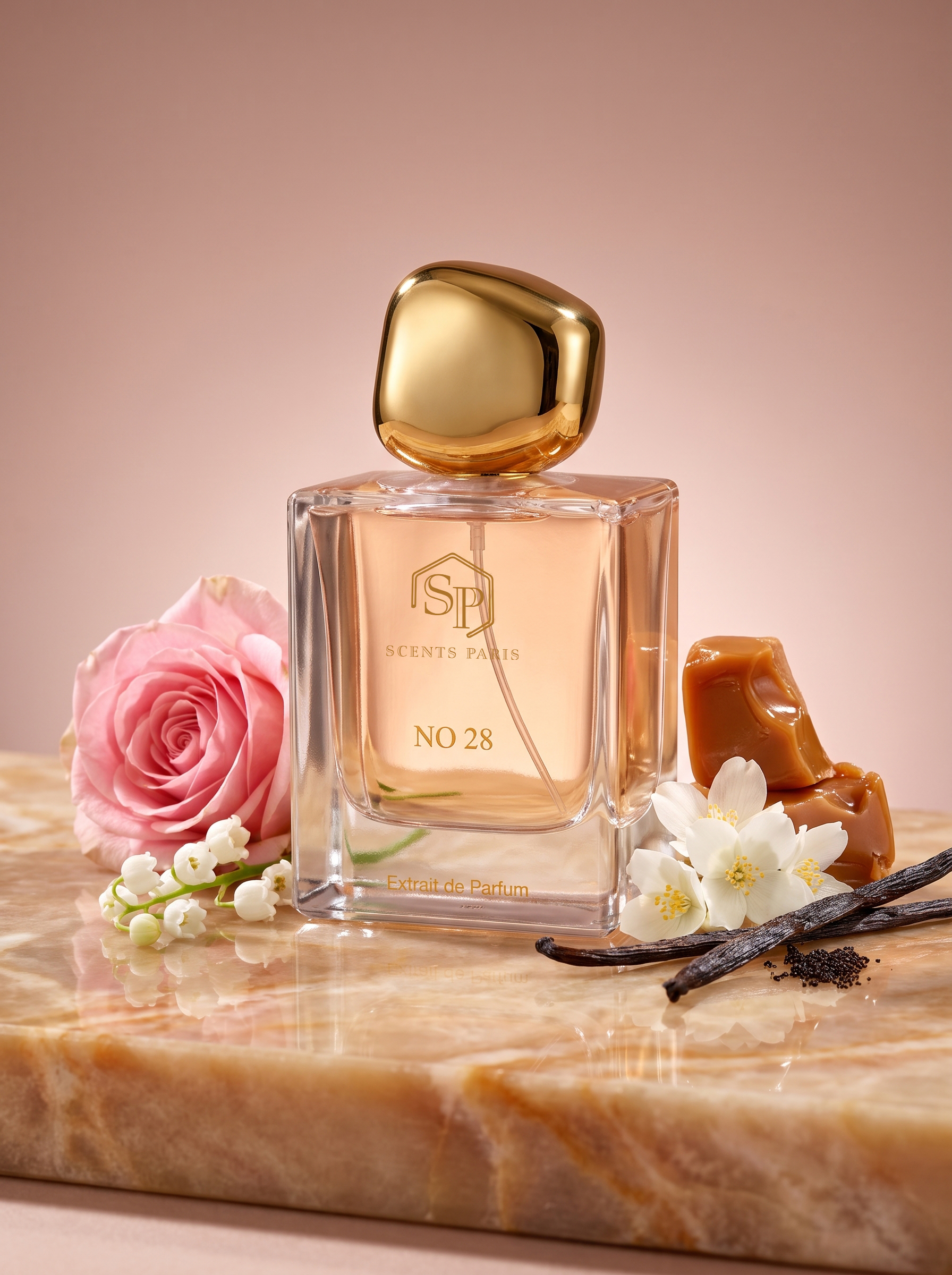 Fles No. 28 Extrait de Parfum van Scents Paris op een glanzende marmeren ondergrond, gestyled met een roze roos, witte bloemen, karamel en vanille.