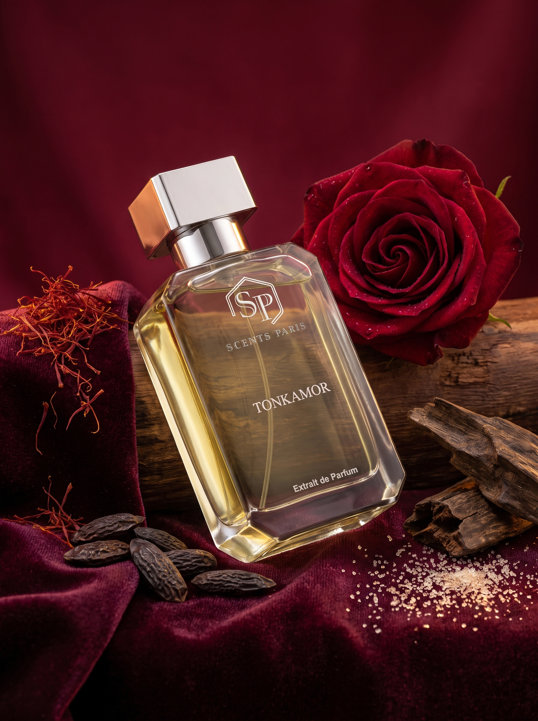 Fles Tonkamor Extrait de Parfum van Scents Paris in een warme, donkerrode setting met een rode roos, tonkabonen, saffraan, hout en suiker.