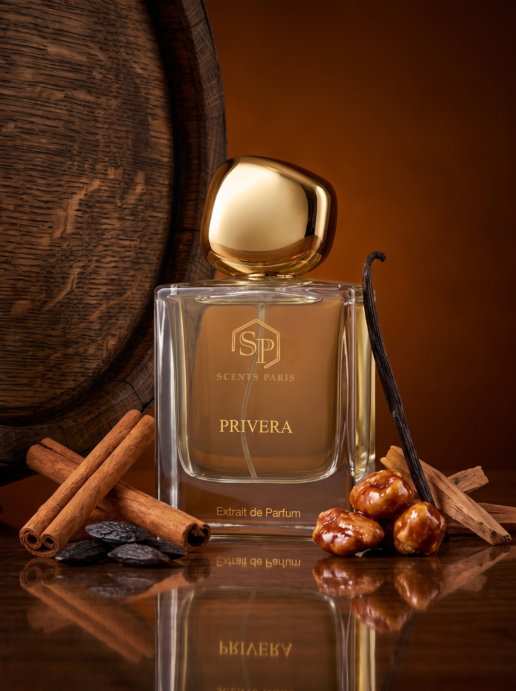Fles Privera Extrait de Parfum van Scents Paris in een warme bruine setting met hout, kaneelstokjes, vanille, tonkabonen en gekaramelliseerde noten.