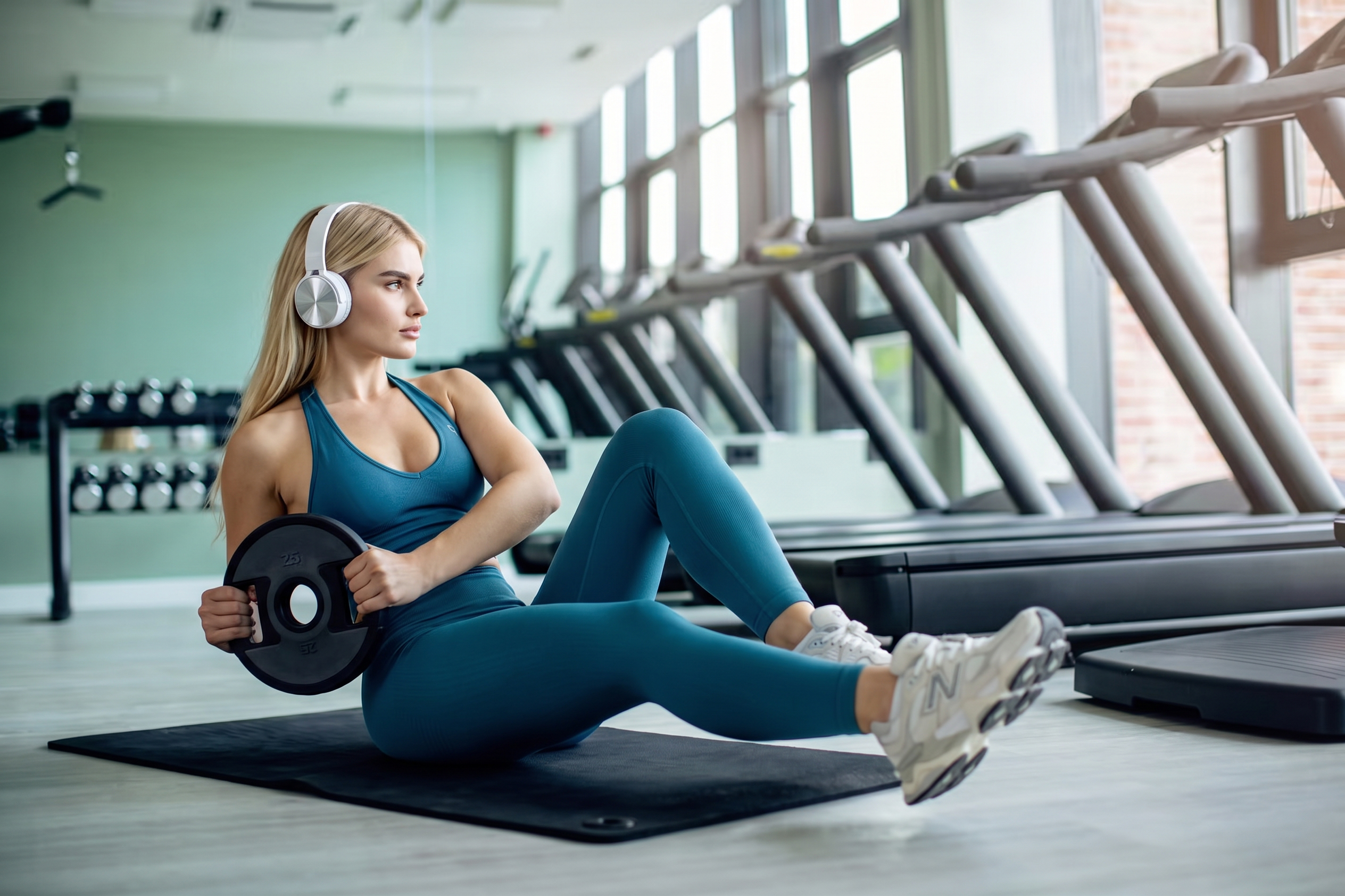 Professionele sportkleding fotografie van vrouwelijk model in blauwe crop top en blauwe high-waist fitnesslegging in Gym.