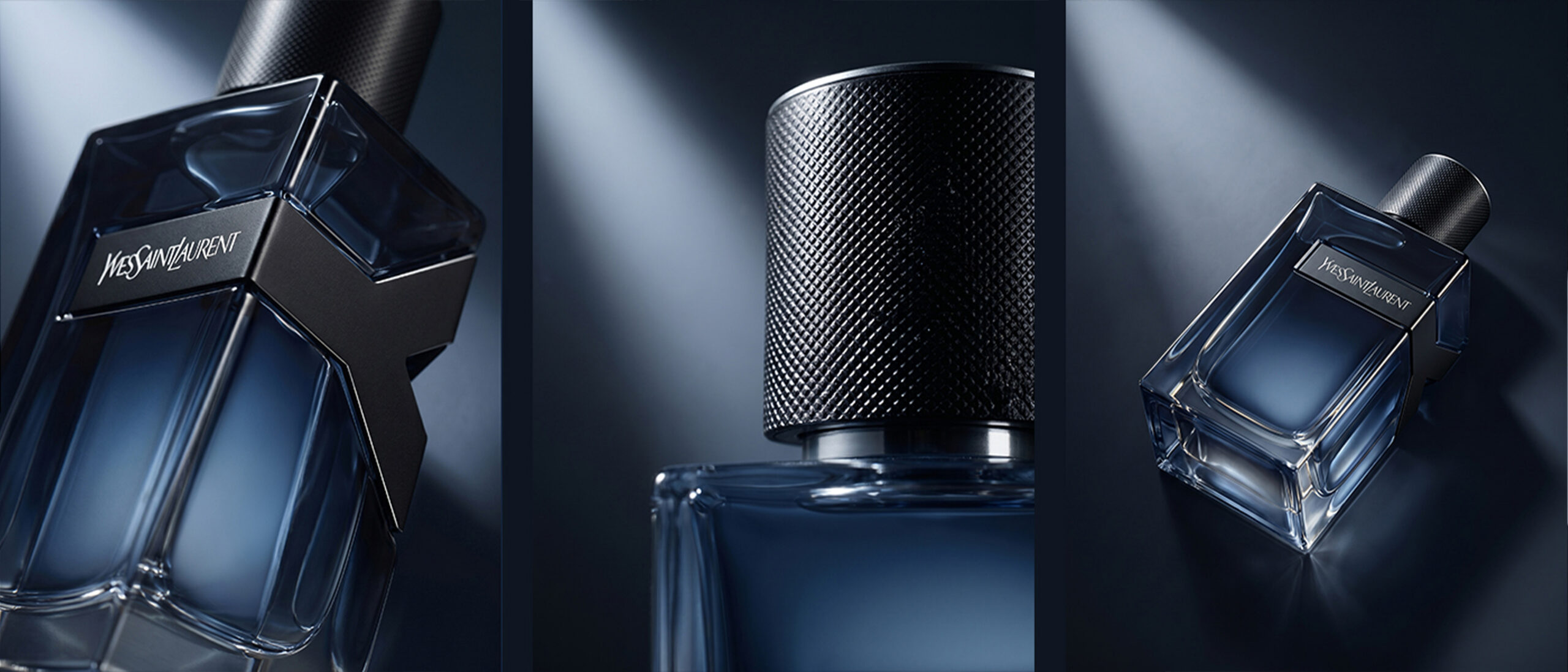 Drieluik met close-ups van een donkerblauwe parfumfles van Yves Saint Laurent, waarbij het glas, de zwarte dop en het metalen logo sfeervol zijn uitgelicht.
