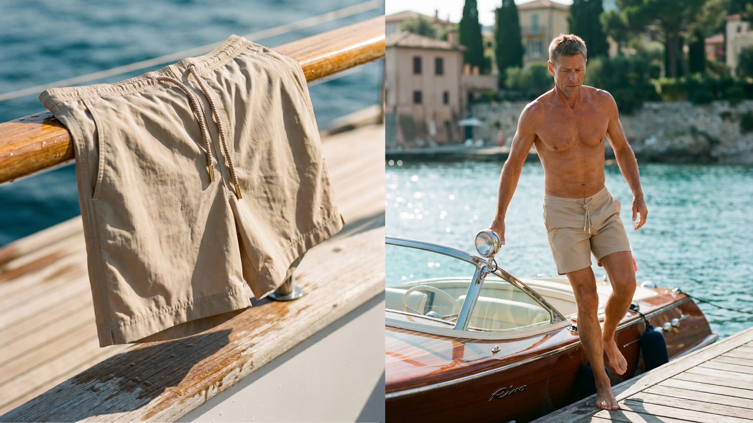 Tweeluik met een beige zwemshort op een houten bootreling en een mannelijk model dat dezelfde short draagt bij het verlaten van een klassieke motorboot.