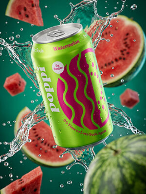 Groen blikje Poppi Watermelon frisdrank, omringd door opspattend water en zwevende stukken watermeloen tegen een donkergroene achtergrond.