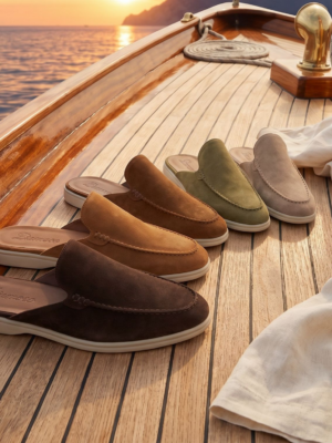 Vijf paar suède instappers in verschillende aardetinten, sfeervol gepresenteerd op het houten dek van een zeilboot tijdens zonsondergang.