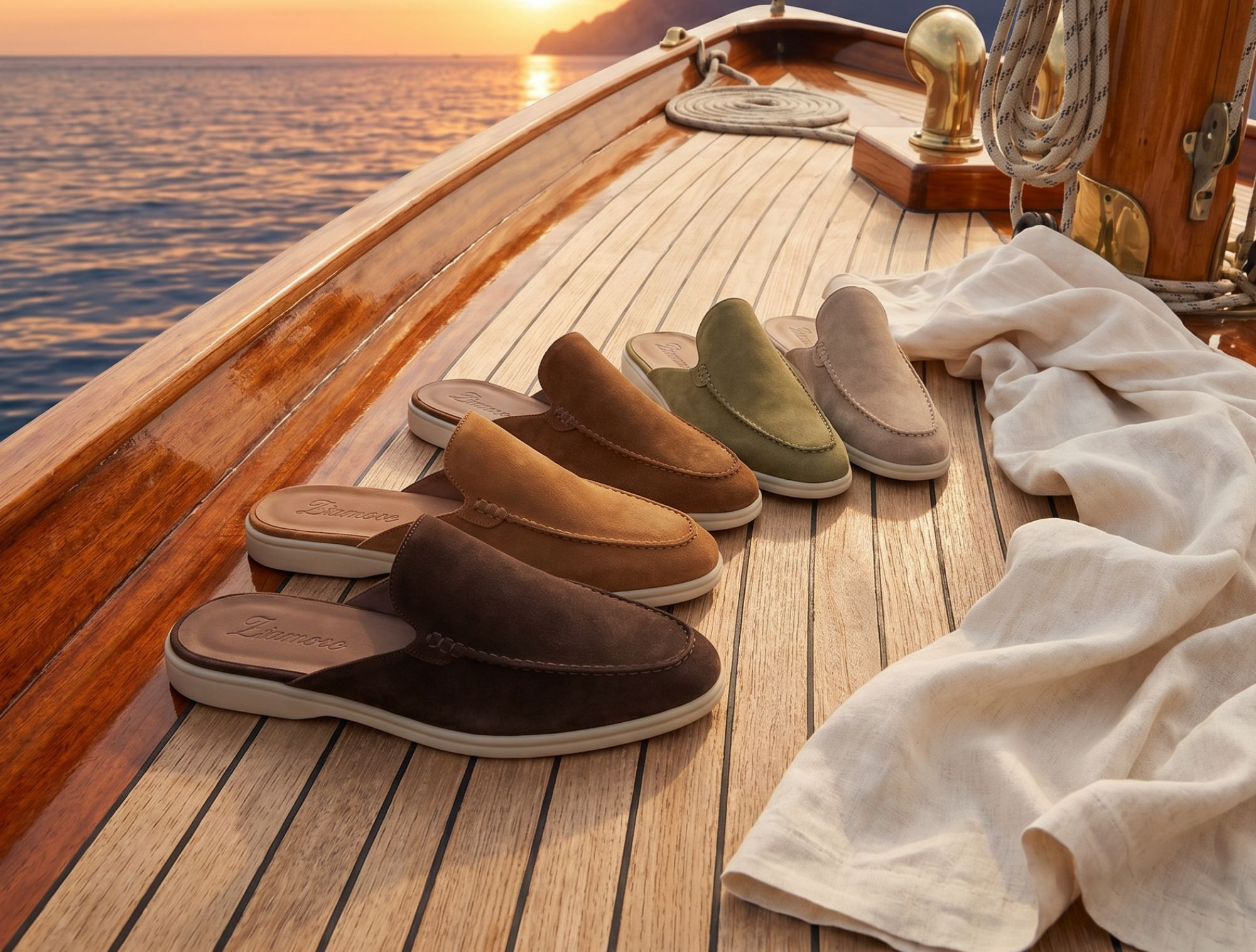 Vijf paar suède instappers in verschillende aardetinten, sfeervol gepresenteerd op het houten dek van een zeilboot tijdens zonsondergang.
