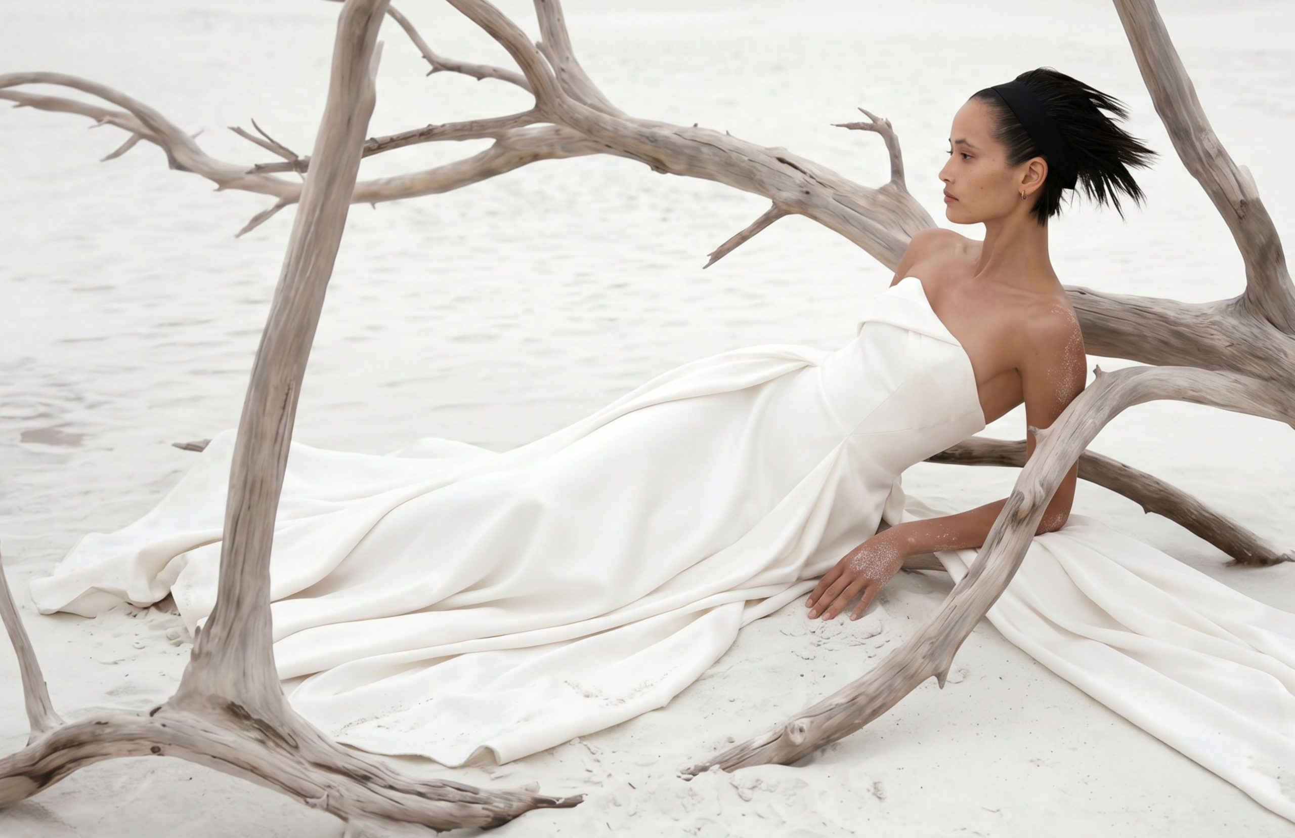 Model in een lange, witte off-shoulder jurk, liggend tussen verweerde boomtakken op een licht zandstrand aan het water.